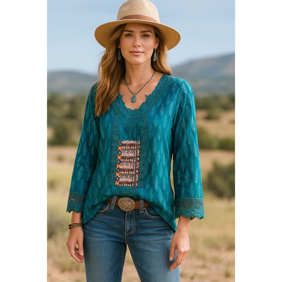 SUNDANCE Teal Embroidered Cotton Silk Blouse Size XS Long Sleeve Crochet Trim - Picture 1 of 7